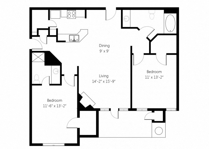 Floor plan for 2 beds, 2 baths, 1115 sqft